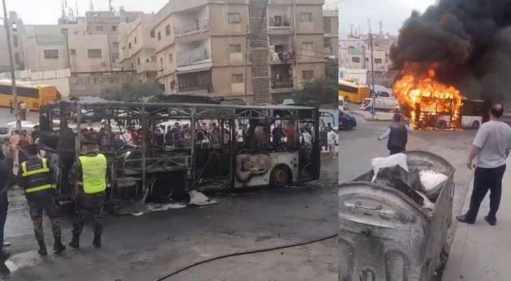احتراق حافلة باص عمان بالكامل على دوار النصر في عمّان